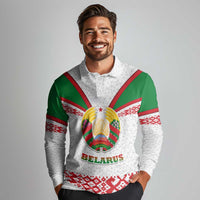 Belarus National Emblem Long Sleeve Polo Shirt with Folk Pattern White Green Red Sweatshirt