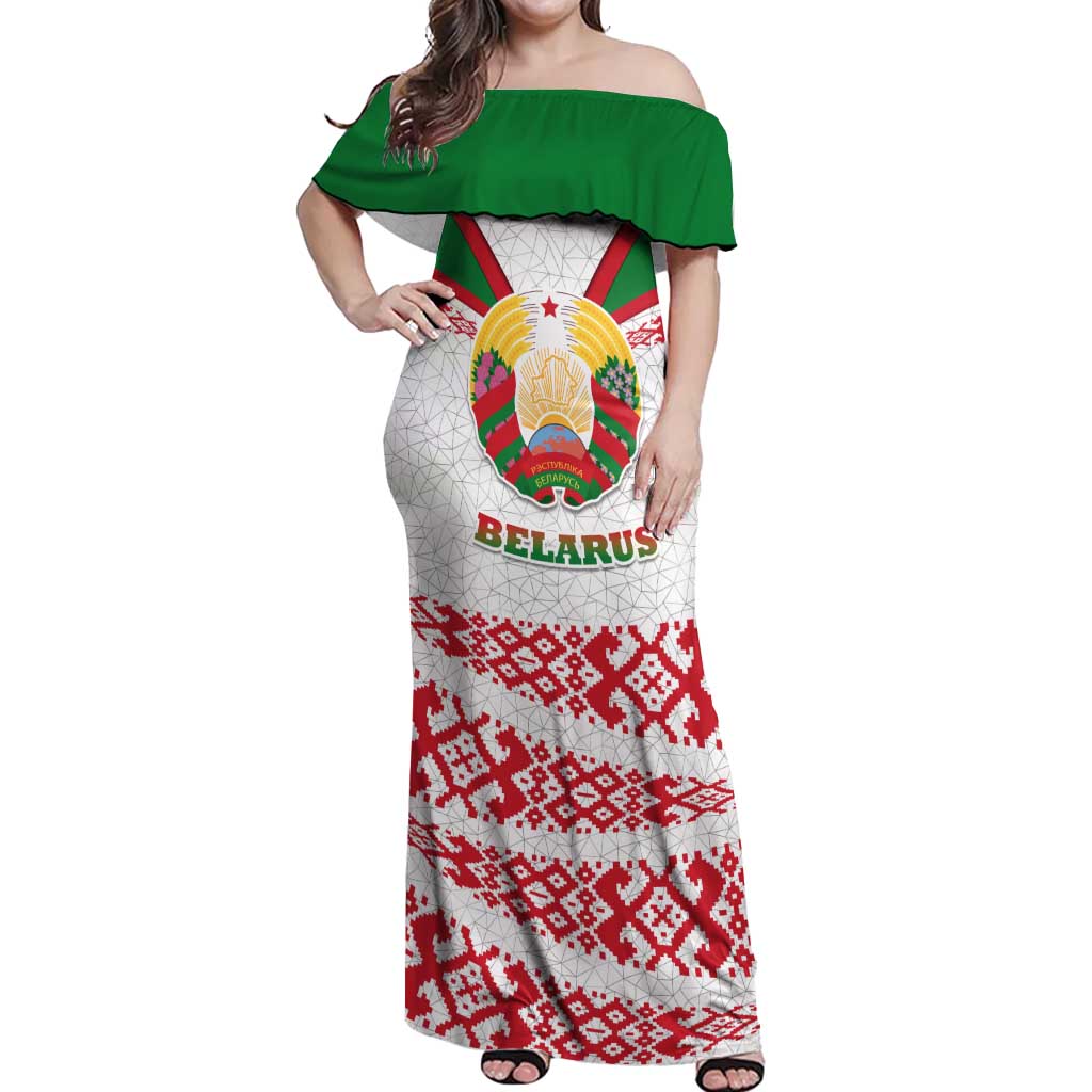 Belarus National Emblem Off Shoulder Maxi Dress with Folk Pattern White Green Red Sweatshirt