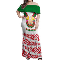 Belarus National Emblem Off Shoulder Maxi Dress with Folk Pattern White Green Red Sweatshirt