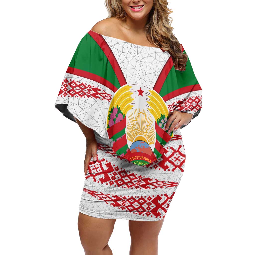Belarus National Emblem Off Shoulder Short Dress with Folk Pattern White Green Red Sweatshirt