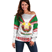 Belarus National Emblem Off Shoulder Sweater with Folk Pattern White Green Red Sweatshirt