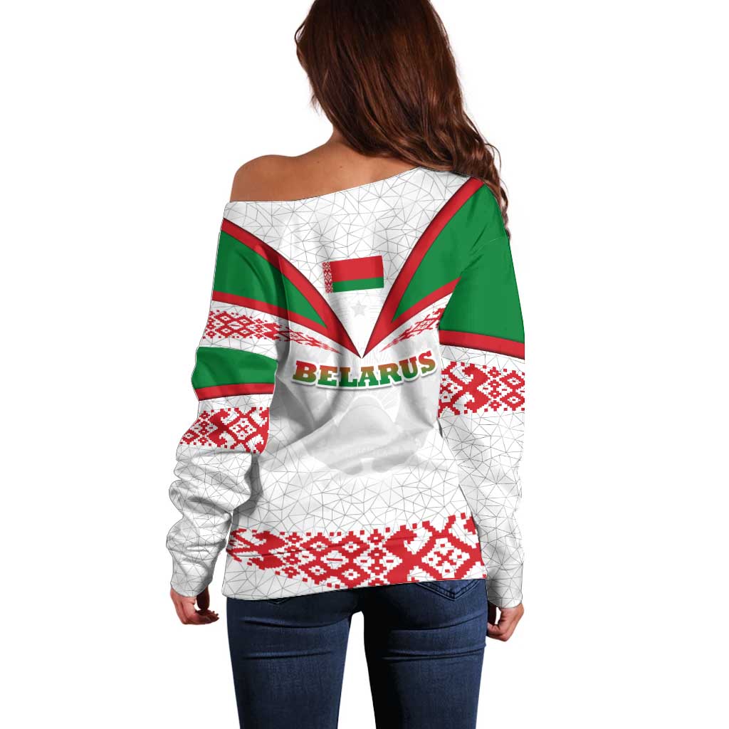 Belarus National Emblem Off Shoulder Sweater with Folk Pattern White Green Red Sweatshirt