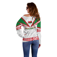 Belarus National Emblem Off Shoulder Sweater with Folk Pattern White Green Red Sweatshirt