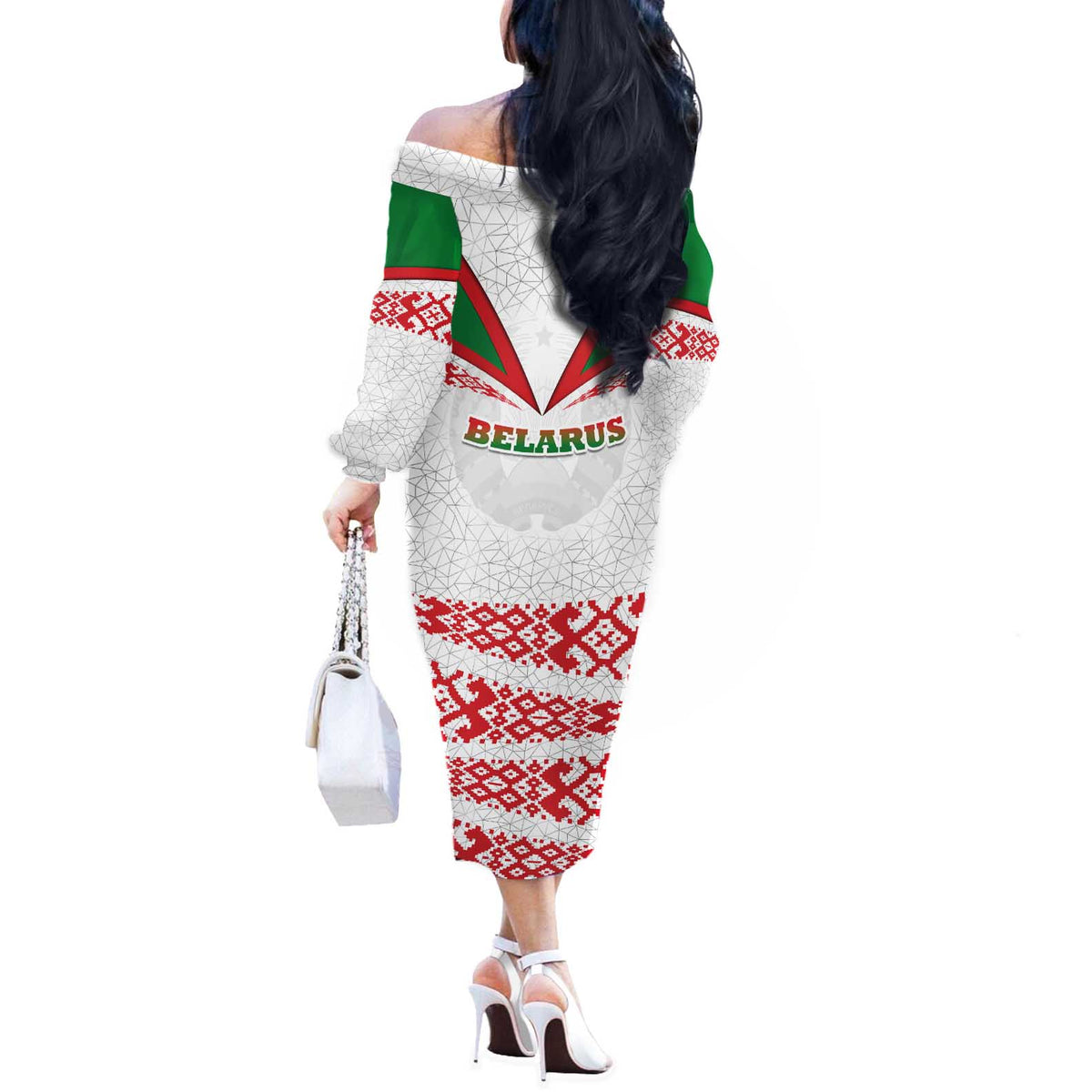 Belarus National Emblem Off The Shoulder Long Sleeve Dress with Folk Pattern White Green Red Sweatshirt