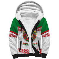 Belarus National Emblem Sherpa Hoodie with Folk Pattern White Green Red Sweatshirt