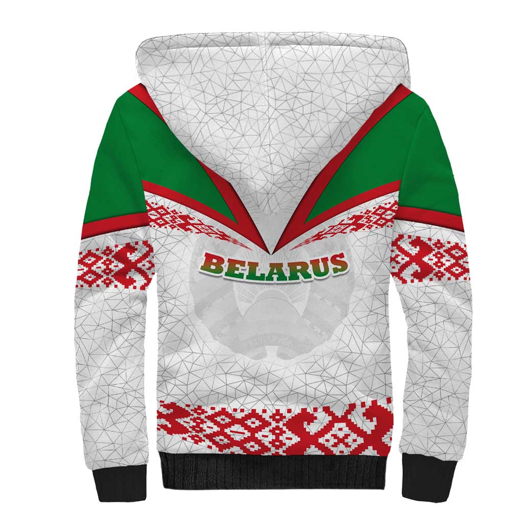 Belarus National Emblem Sherpa Hoodie with Folk Pattern White Green Red Sweatshirt