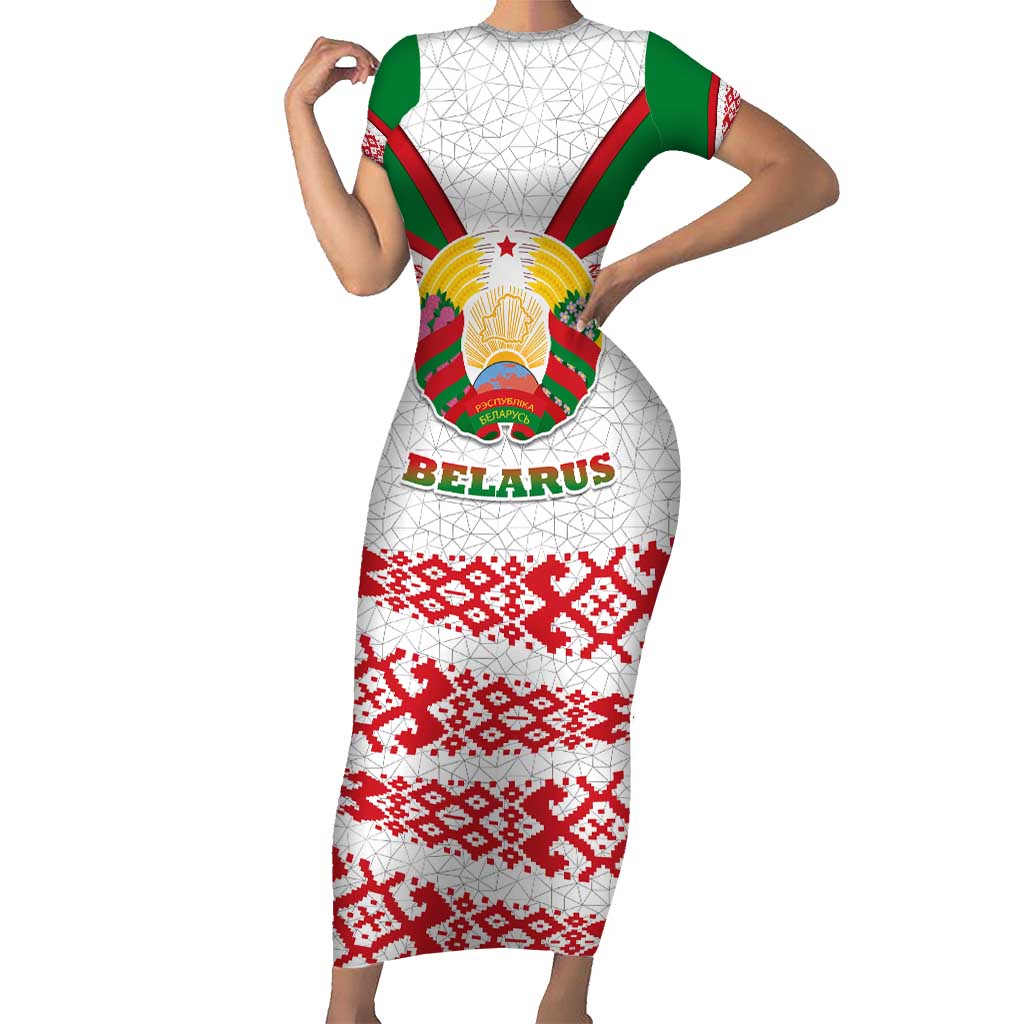 Belarus National Emblem Short Sleeve Bodycon Dress with Folk Pattern White Green Red Sweatshirt