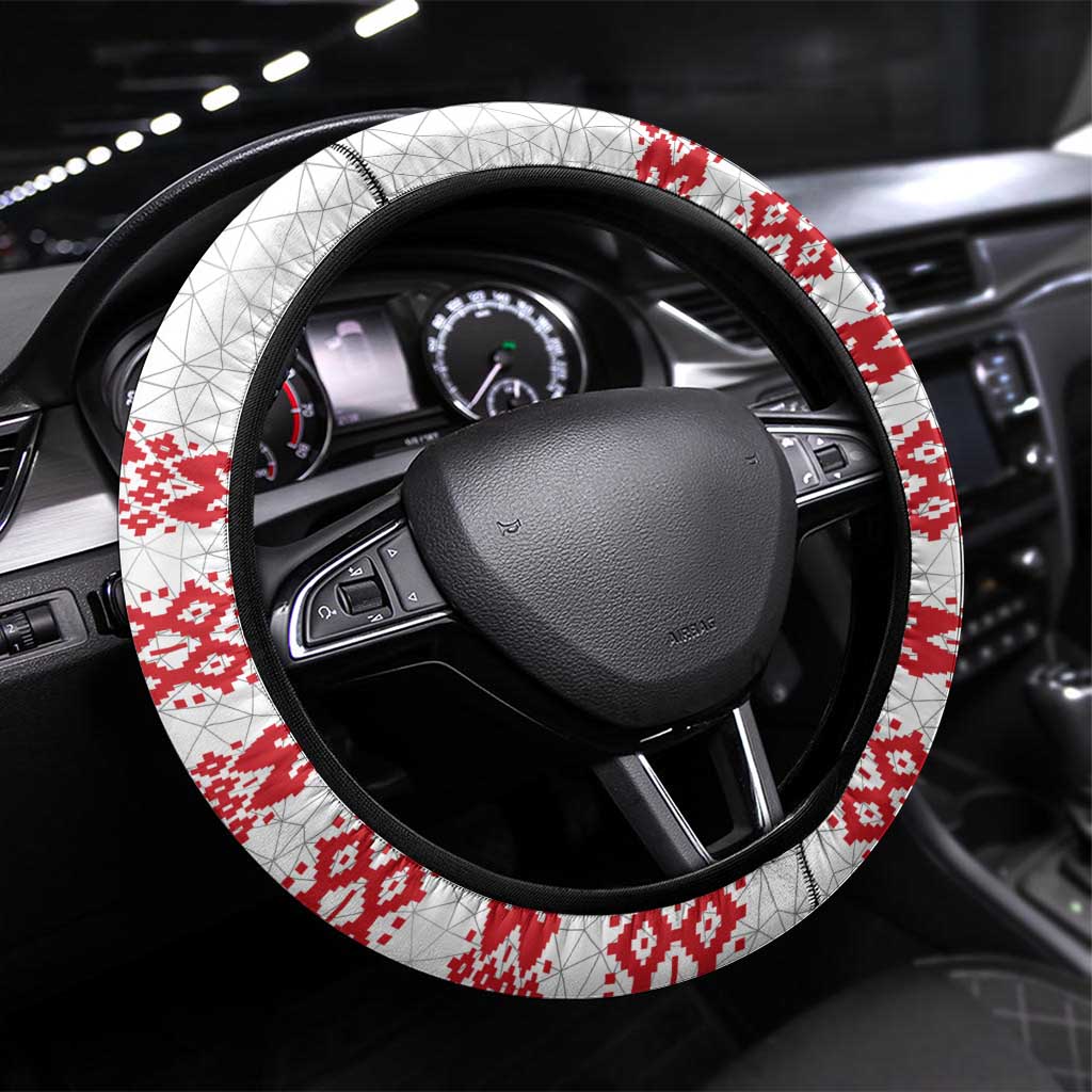 Belarus National Emblem Steering Wheel Cover with Folk Pattern White Green Red Sweatshirt