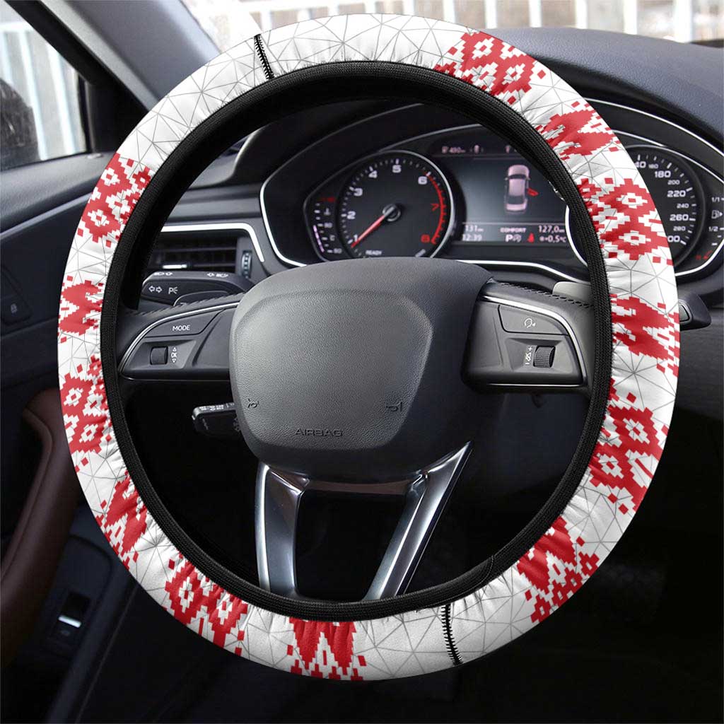 Belarus National Emblem Steering Wheel Cover with Folk Pattern White Green Red Sweatshirt