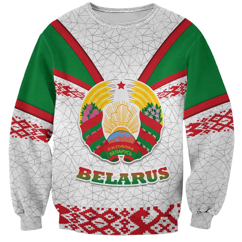Belarus National Emblem Sweatshirt with Folk Pattern White Green Red Sweatshirt