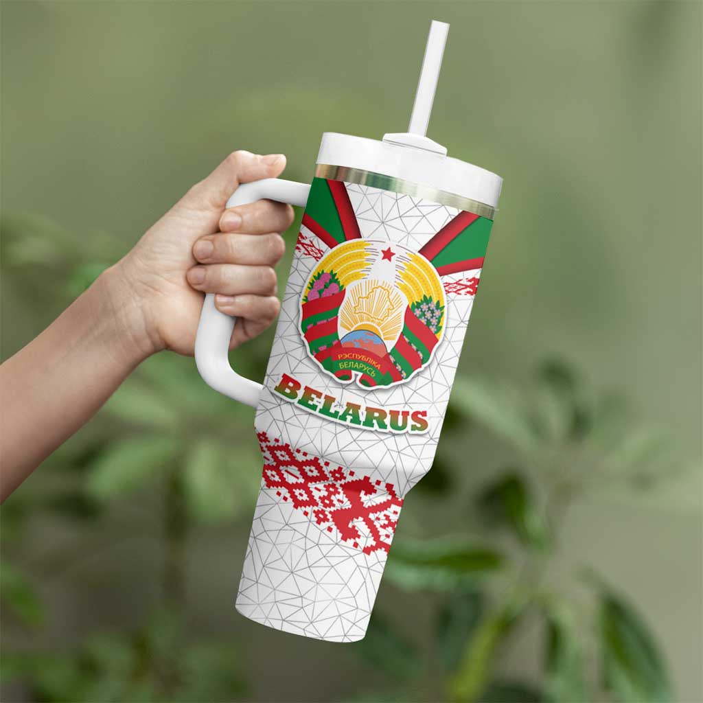 Belarus National Emblem Tumbler With Handle with Folk Pattern White Green Red Sweatshirt