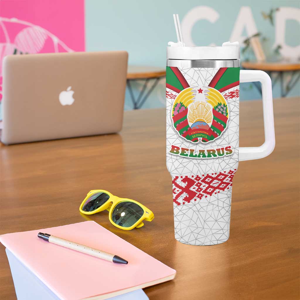 Belarus National Emblem Tumbler With Handle with Folk Pattern White Green Red Sweatshirt