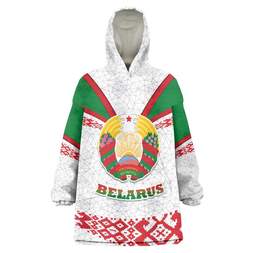 Belarus National Emblem Wearable Blanket Hoodie with Folk Pattern White Green Red Sweatshirt