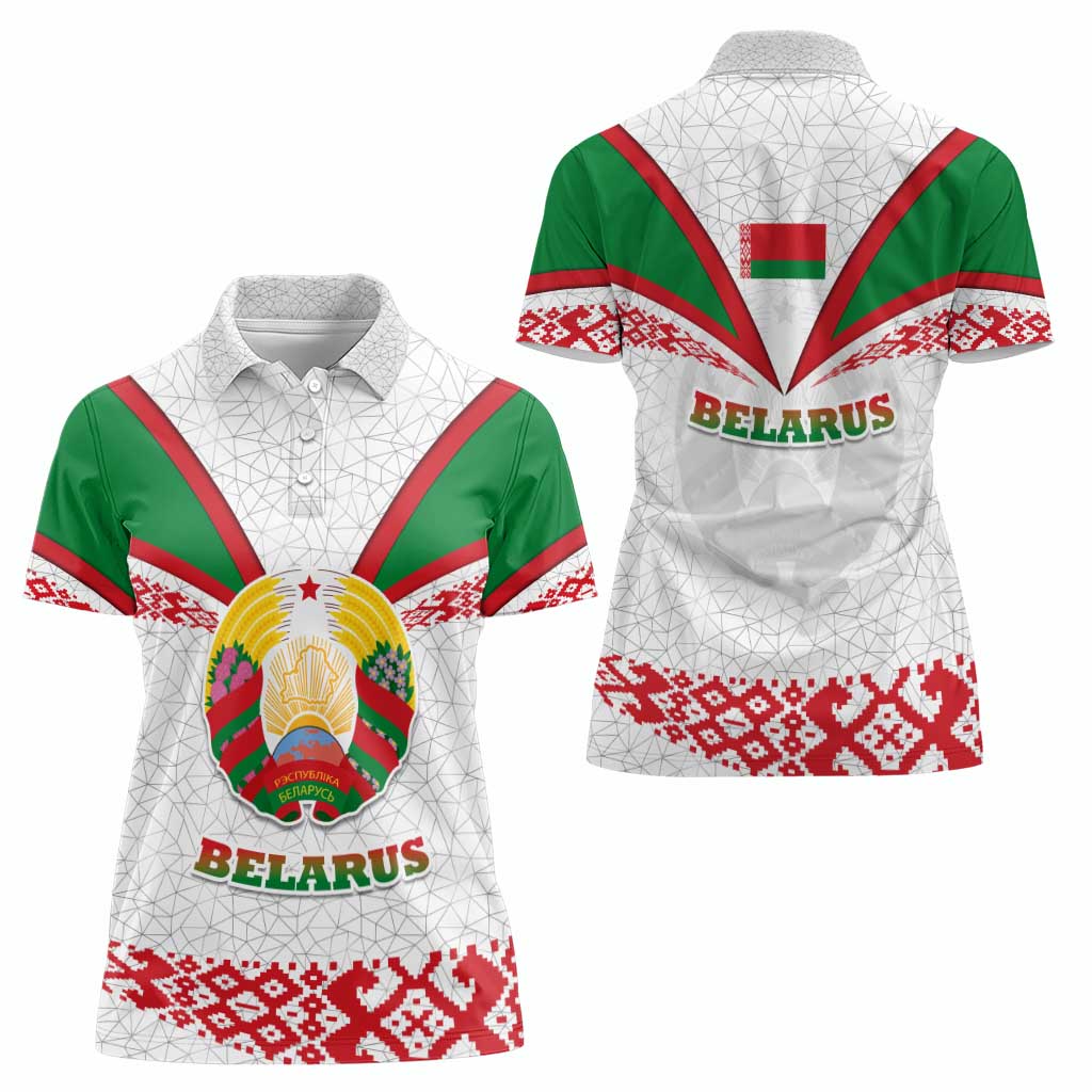 Belarus National Emblem Women Polo Shirt with Folk Pattern White Green Red Sweatshirt