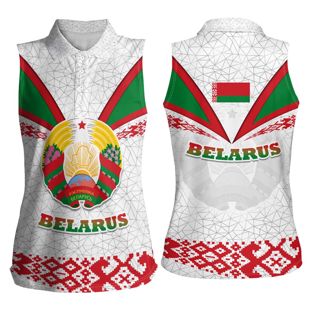 Belarus National Emblem Women Sleeveless Polo Shirt with Folk Pattern White Green Red Sweatshirt