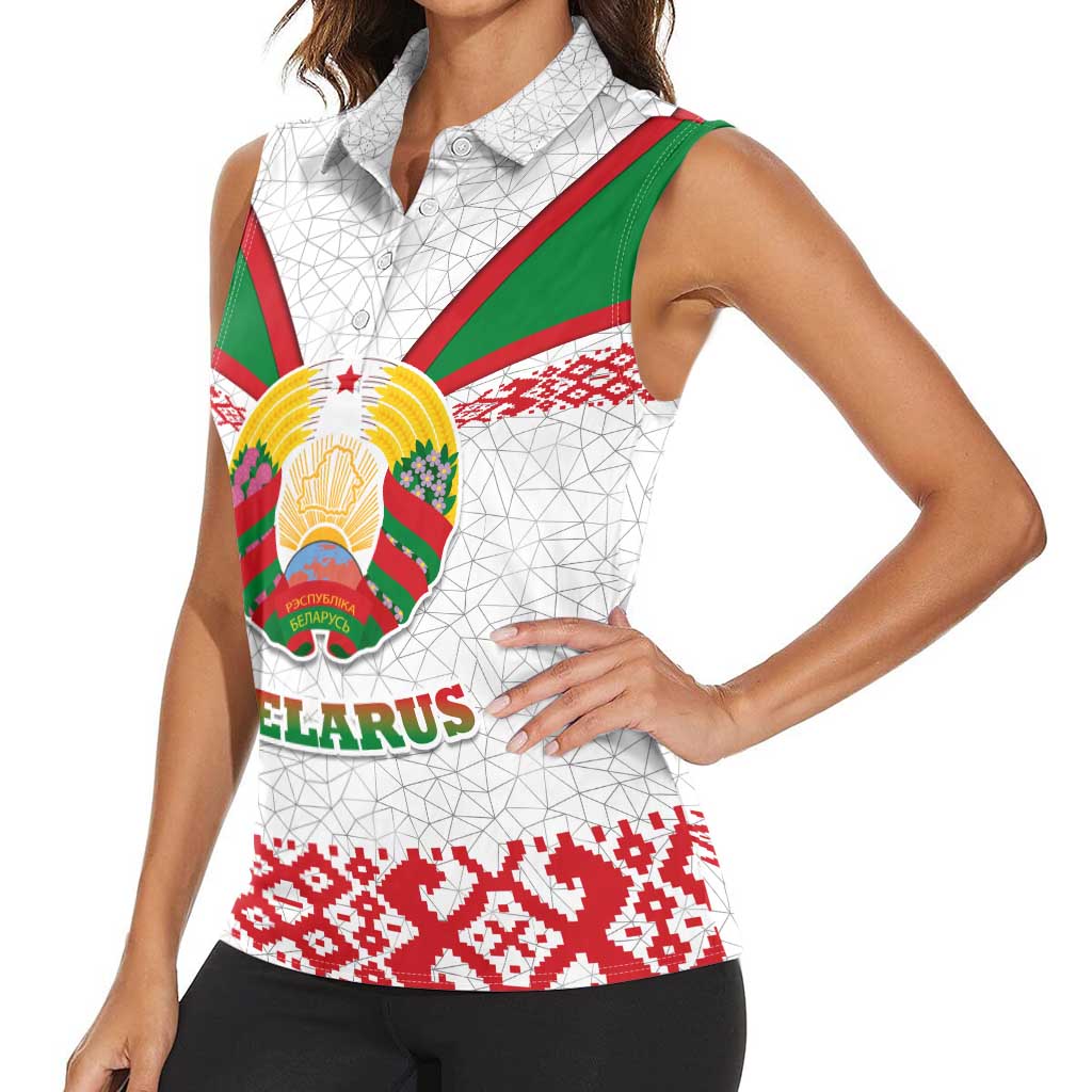 Belarus National Emblem Women Sleeveless Polo Shirt with Folk Pattern White Green Red Sweatshirt