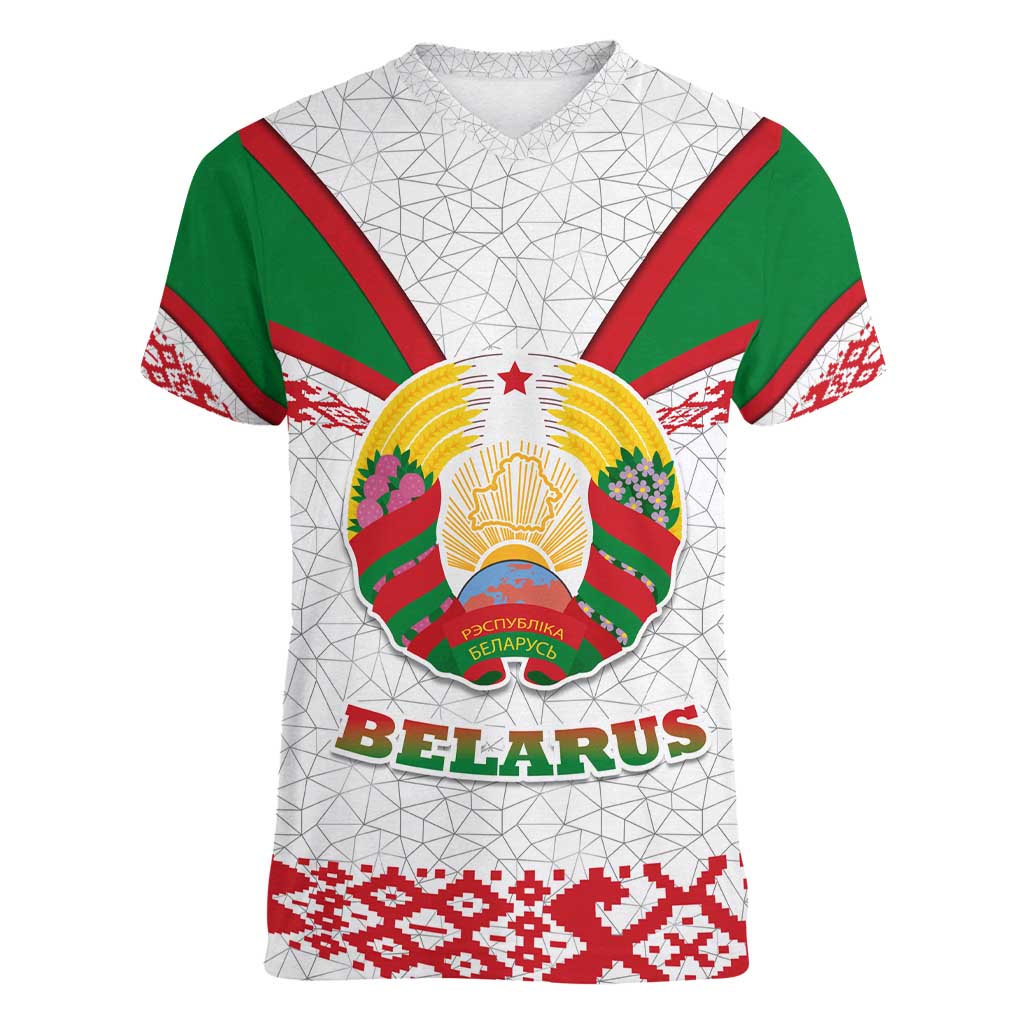 Belarus National Emblem Women V-Neck T-Shirt with Folk Pattern White Green Red Sweatshirt