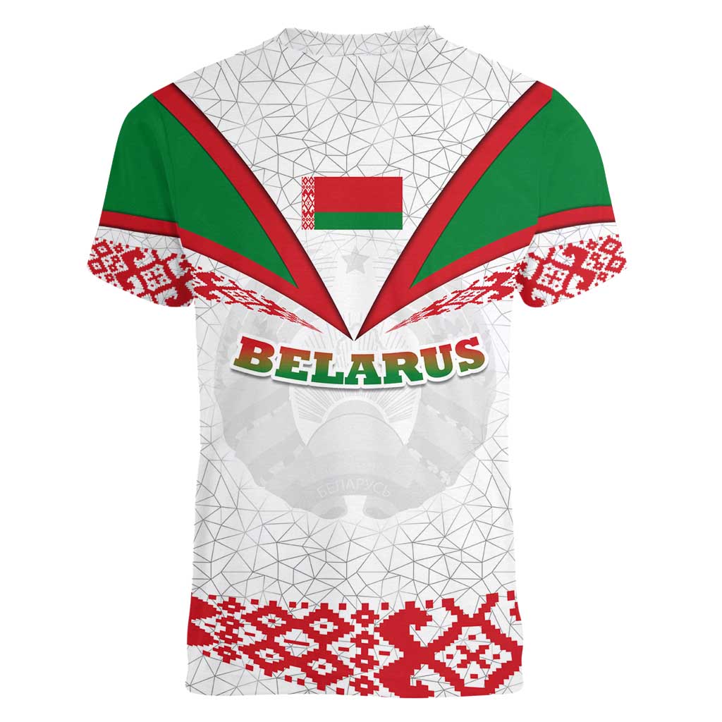 Belarus National Emblem Women V-Neck T-Shirt with Folk Pattern White Green Red Sweatshirt