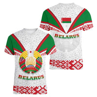 Belarus National Emblem Women V-Neck T-Shirt with Folk Pattern White Green Red Sweatshirt
