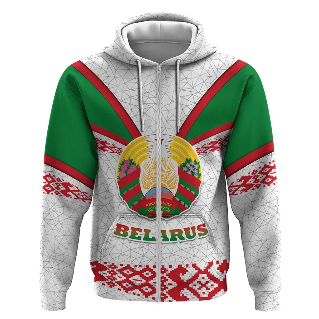 Belarus National Emblem Zip Hoodie with Folk Pattern White Green Red Sweatshirt
