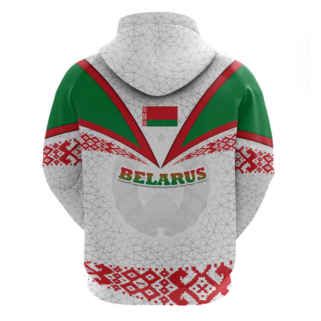 Belarus National Emblem Zip Hoodie with Folk Pattern White Green Red Sweatshirt