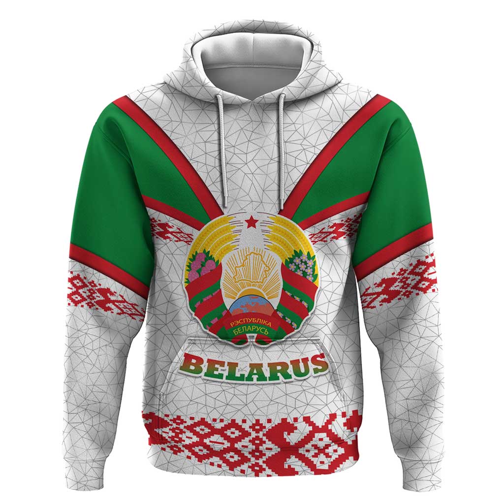 Belarus National Emblem Zip Hoodie with Folk Pattern White Green Red Sweatshirt