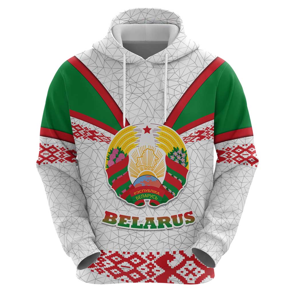 Belarus National Emblem Zip Hoodie with Folk Pattern White Green Red Sweatshirt