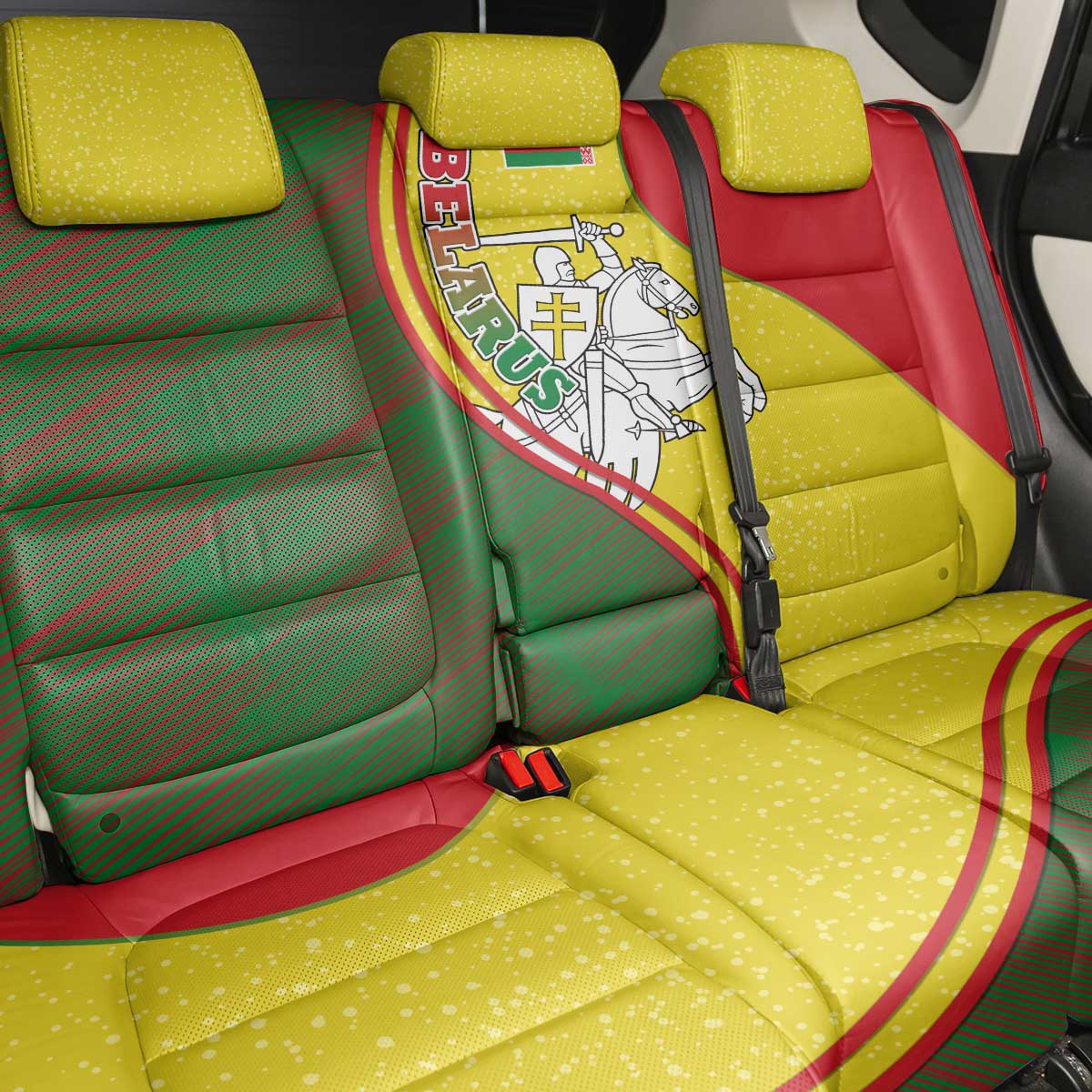 Belarus Pahonia Knight Crest Back Car Seat Cover with Red Green Yellow Folk Pattern Design