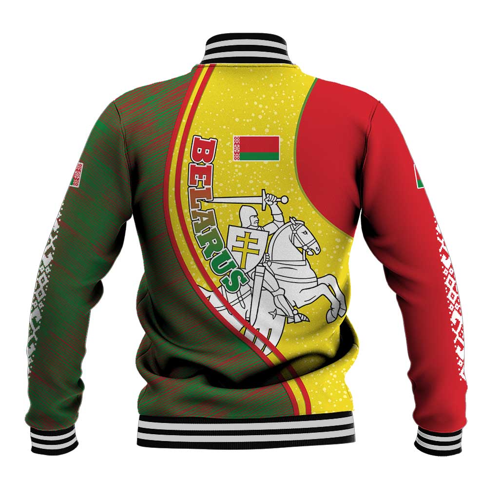 Belarus Pahonia Knight Crest Baseball Jacket with Red Green Yellow Folk Pattern Design