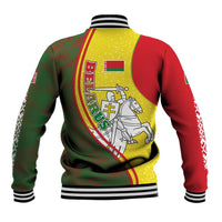 Belarus Pahonia Knight Crest Baseball Jacket with Red Green Yellow Folk Pattern Design