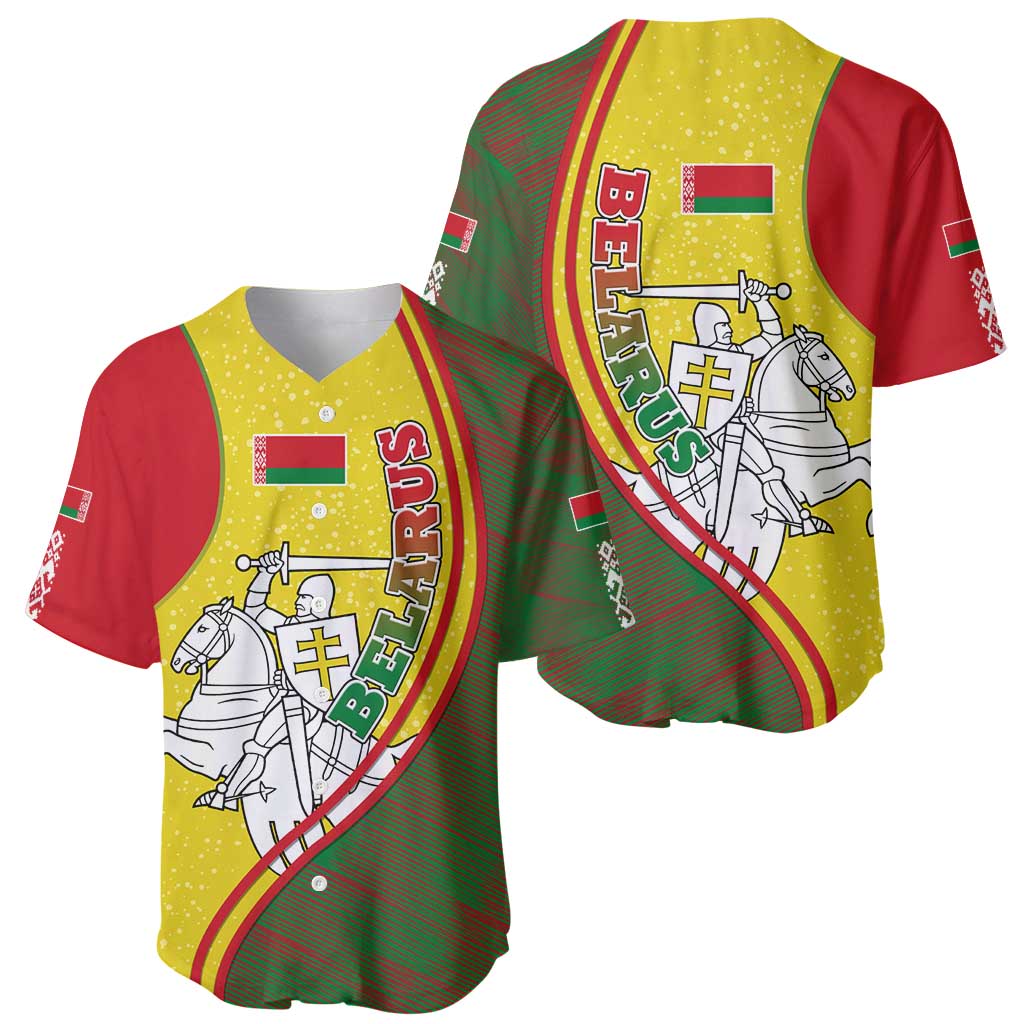 Belarus Pahonia Knight Crest Baseball Jersey with Red Green Yellow Folk Pattern Design