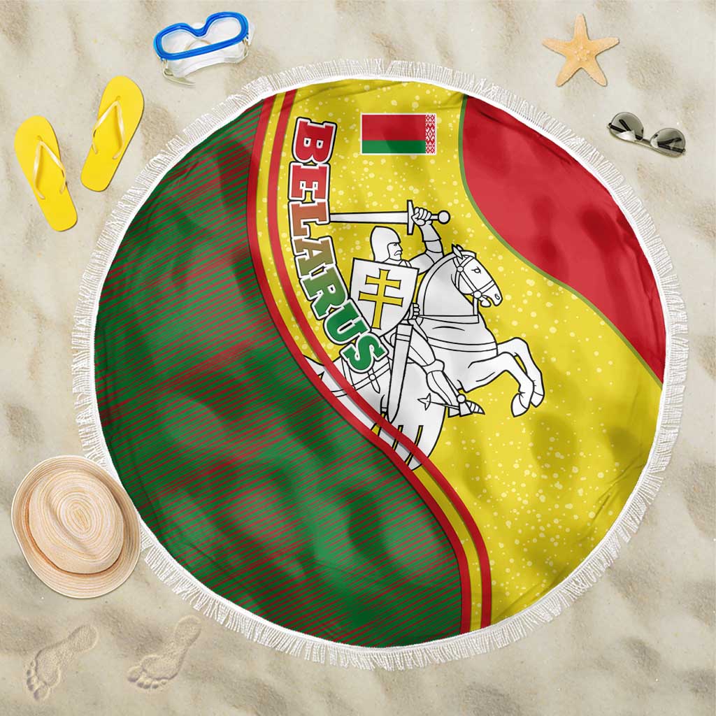 Belarus Pahonia Knight Crest Beach Blanket with Red Green Yellow Folk Pattern Design