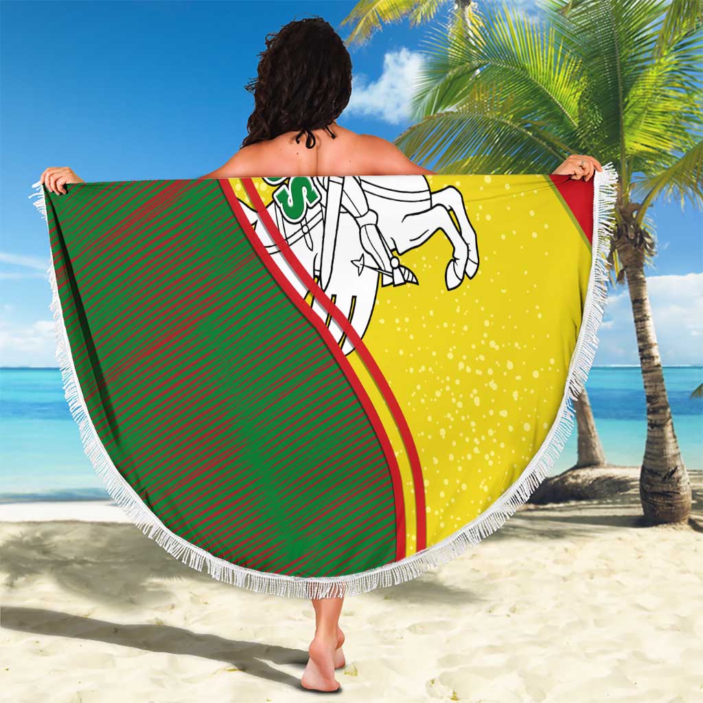 Belarus Pahonia Knight Crest Beach Blanket with Red Green Yellow Folk Pattern Design