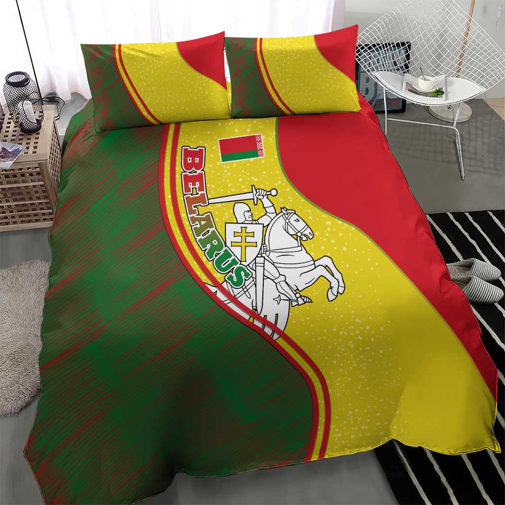 Belarus Pahonia Knight Crest Bedding Set with Red Green Yellow Folk Pattern Design