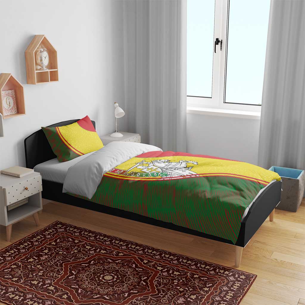 Belarus Pahonia Knight Crest Bedding Set with Red Green Yellow Folk Pattern Design