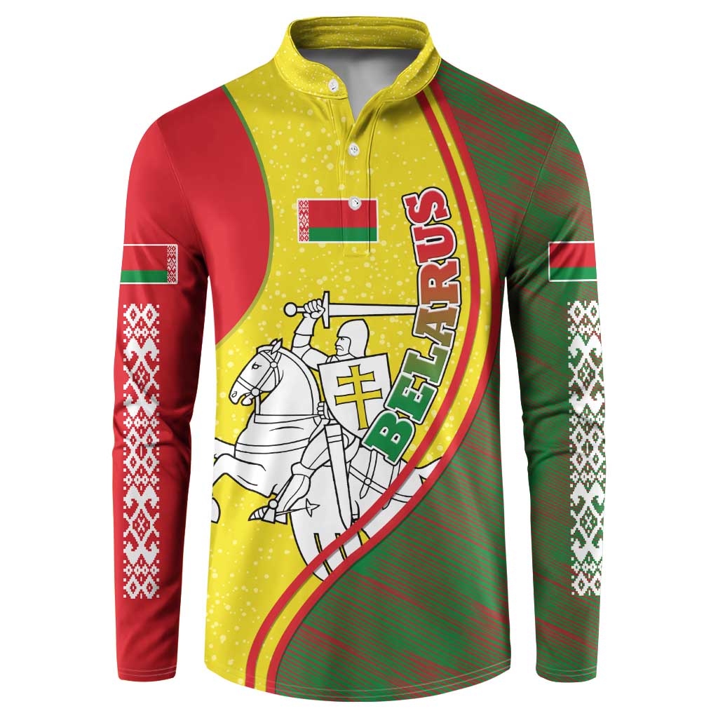 Belarus Pahonia Knight Crest Button Sweatshirt with Red Green Yellow Folk Pattern Design