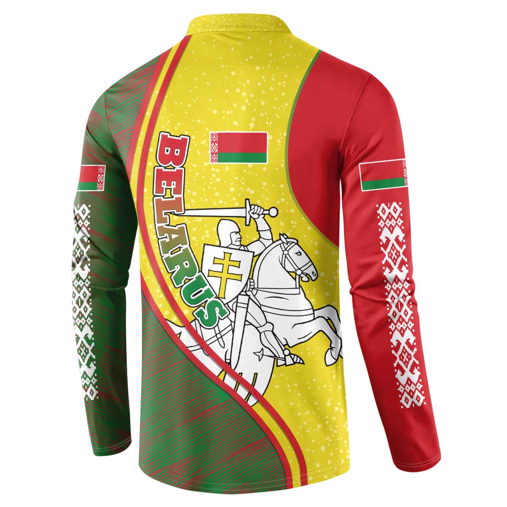 Belarus Pahonia Knight Crest Button Sweatshirt with Red Green Yellow Folk Pattern Design