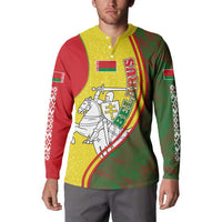 Belarus Pahonia Knight Crest Button Sweatshirt with Red Green Yellow Folk Pattern Design
