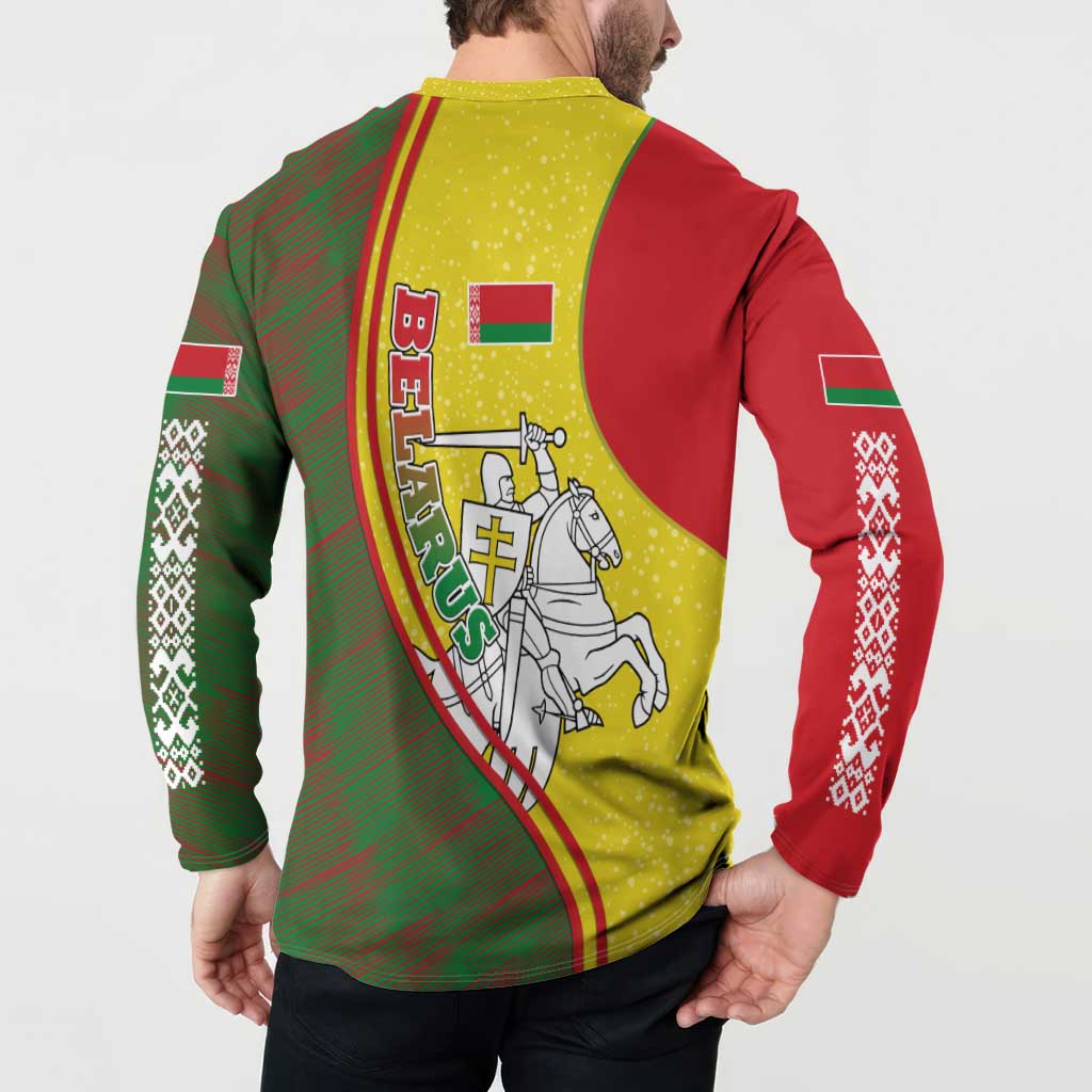 Belarus Pahonia Knight Crest Button Sweatshirt with Red Green Yellow Folk Pattern Design