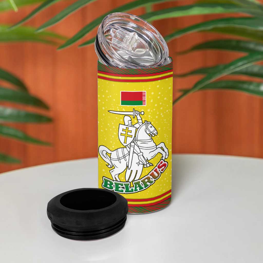 Belarus Pahonia Knight Crest 4 in 1 Can Cooler Tumbler with Red Green Yellow Folk Pattern Design