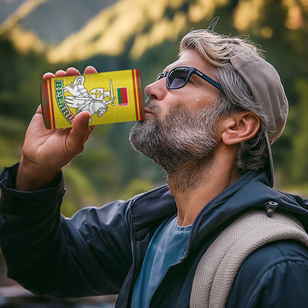 Belarus Pahonia Knight Crest 4 in 1 Can Cooler Tumbler with Red Green Yellow Folk Pattern Design