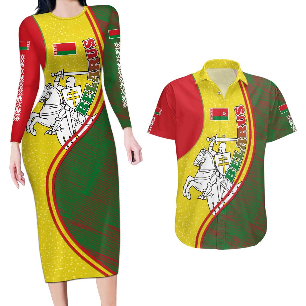 Belarus Pahonia Knight Crest Couples Matching Long Sleeve Bodycon Dress and Hawaiian Shirt with Red Green Yellow Folk Pattern Design