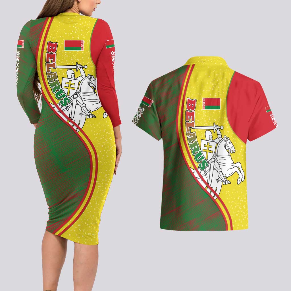 Belarus Pahonia Knight Crest Couples Matching Long Sleeve Bodycon Dress and Hawaiian Shirt with Red Green Yellow Folk Pattern Design