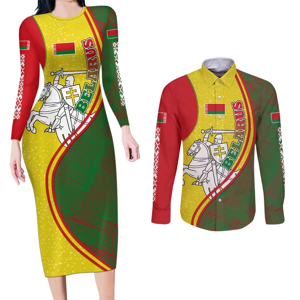 Belarus Pahonia Knight Crest Couples Matching Long Sleeve Bodycon Dress and Long Sleeve Button Shirt with Red Green Yellow Folk Pattern Design