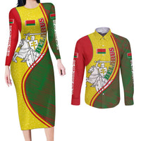 Belarus Pahonia Knight Crest Couples Matching Long Sleeve Bodycon Dress and Long Sleeve Button Shirt with Red Green Yellow Folk Pattern Design