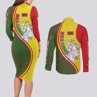 Belarus Pahonia Knight Crest Couples Matching Long Sleeve Bodycon Dress and Long Sleeve Button Shirt with Red Green Yellow Folk Pattern Design