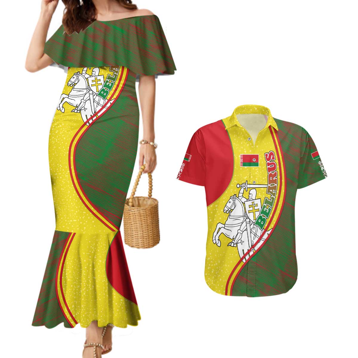 Belarus Pahonia Knight Crest Couples Matching Mermaid Dress and Hawaiian Shirt with Red Green Yellow Folk Pattern Design