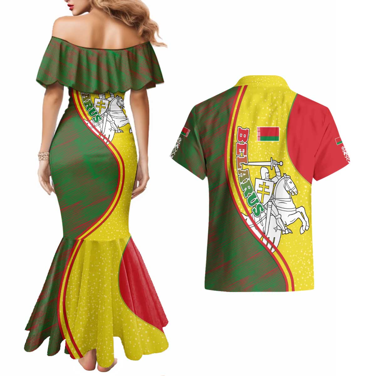 Belarus Pahonia Knight Crest Couples Matching Mermaid Dress and Hawaiian Shirt with Red Green Yellow Folk Pattern Design