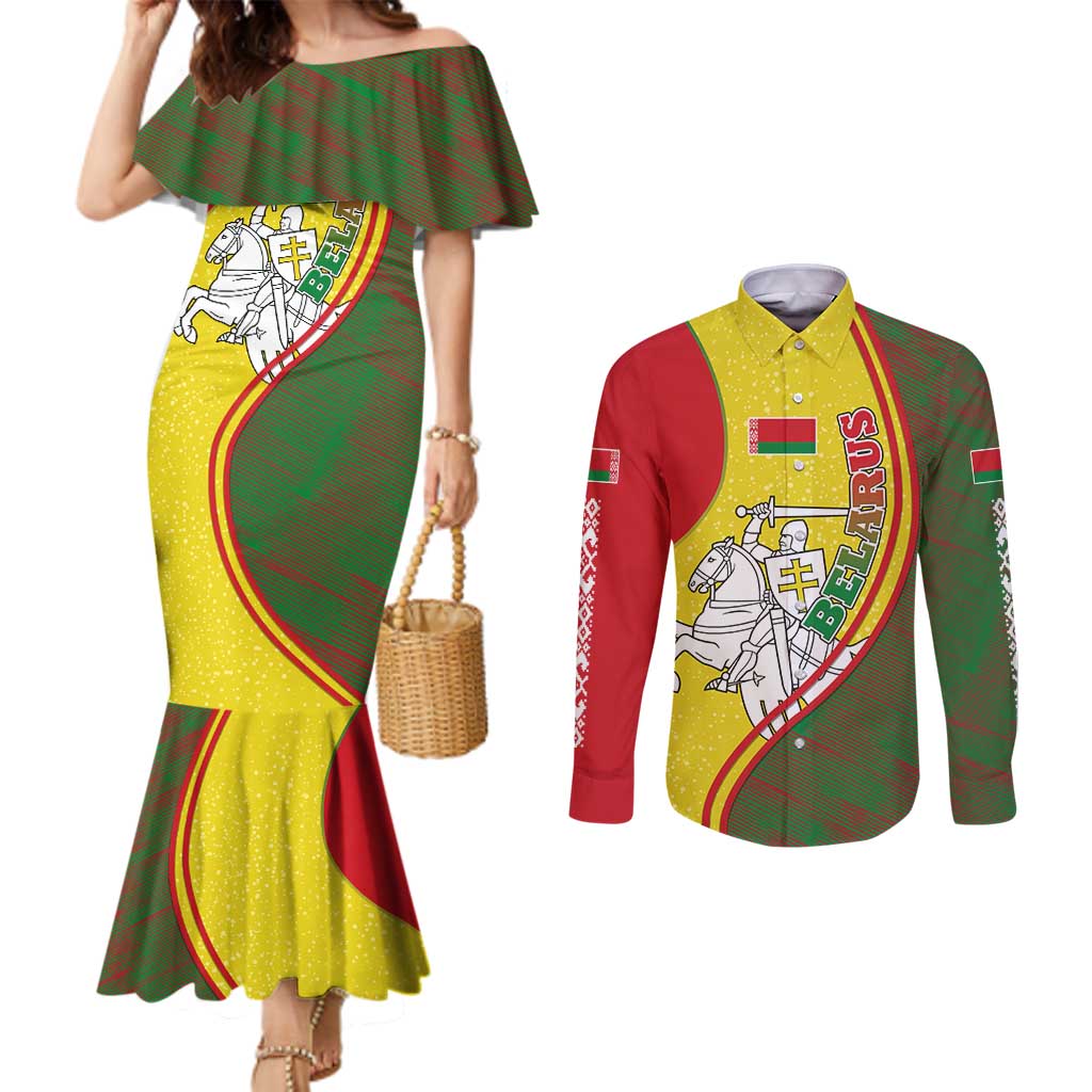 Belarus Pahonia Knight Crest Couples Matching Mermaid Dress and Long Sleeve Button Shirt with Red Green Yellow Folk Pattern Design