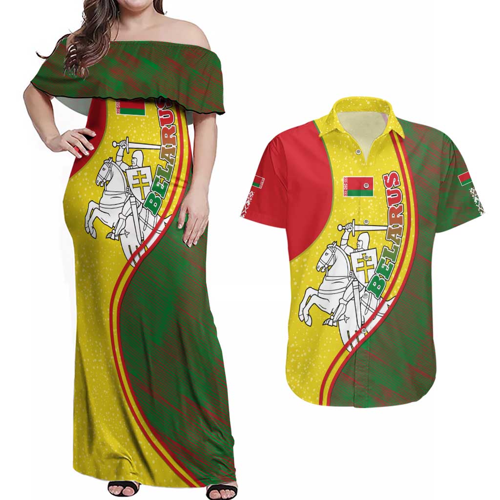 Belarus Pahonia Knight Crest Couples Matching Off Shoulder Maxi Dress and Hawaiian Shirt with Red Green Yellow Folk Pattern Design